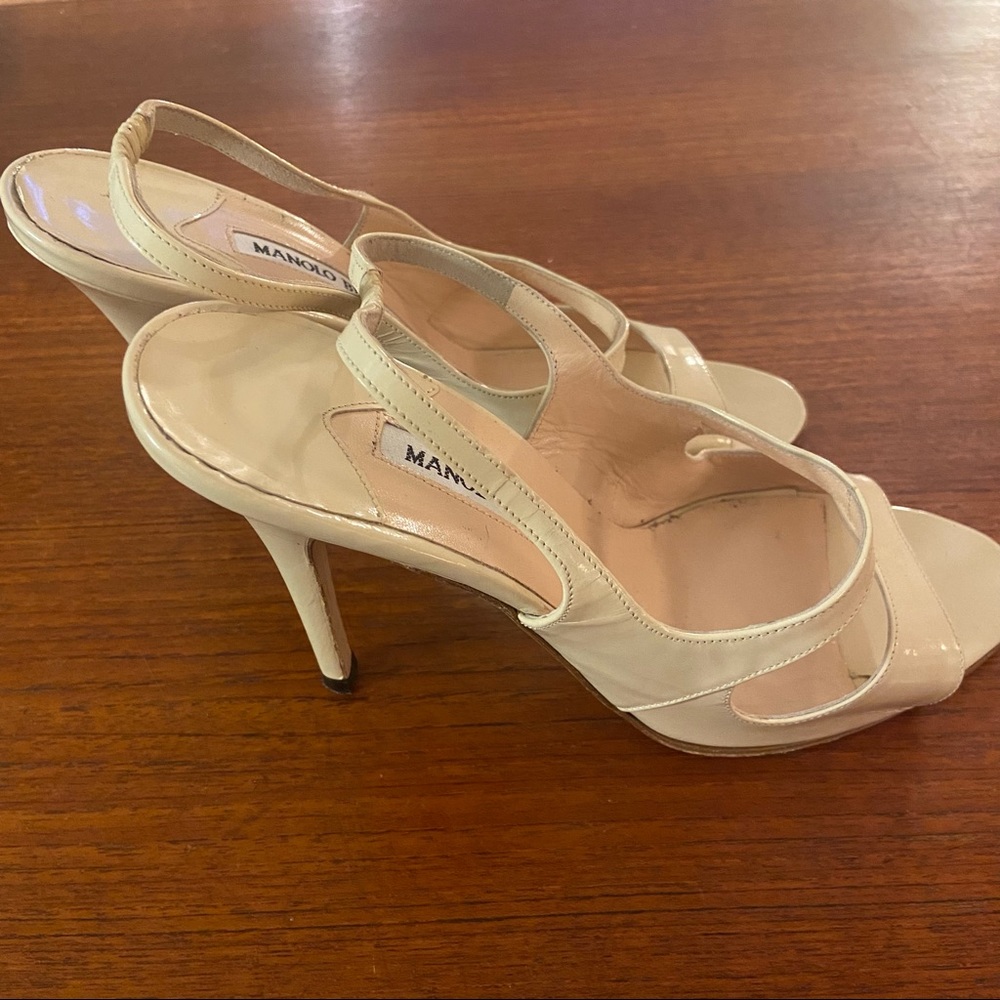 Monolo Blahnik  patent creamy white straps heel. 37.5